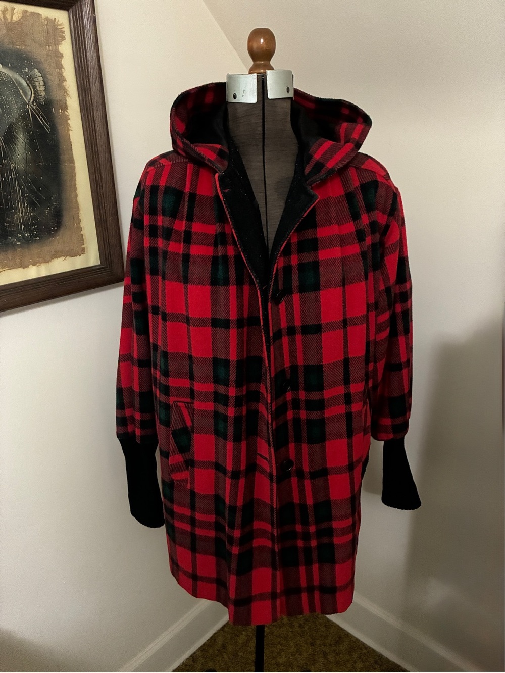 Vintage Red and Black Plaid Hooded Coat